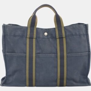 Hermès Fourre-Tout tote bag navy blue canvas with khaki green stripes