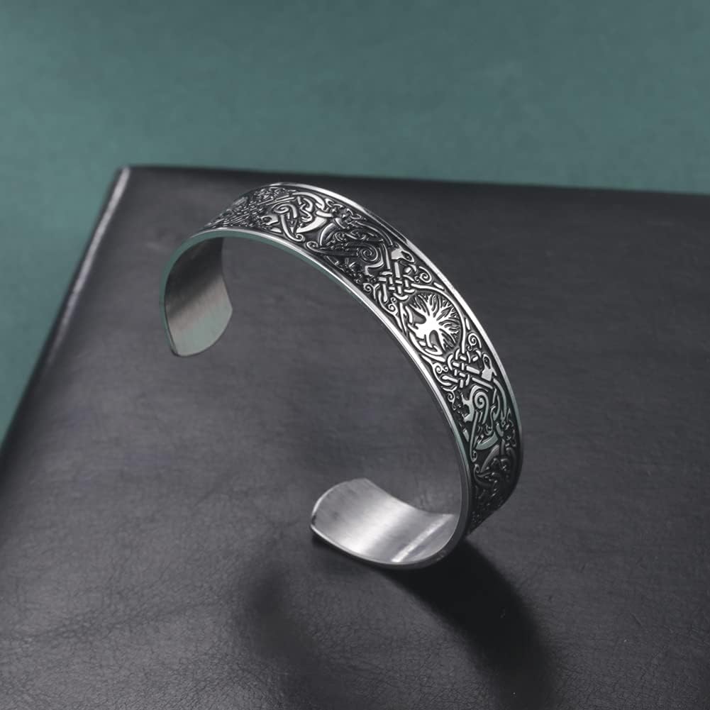 Dreamtimes Viking Tree of Life Bangle Bracelet Raven Talisman Bracelet Stainless Steel Bracelet Viking Celtic Knot Cuff Bangle for Men Women - Image 3