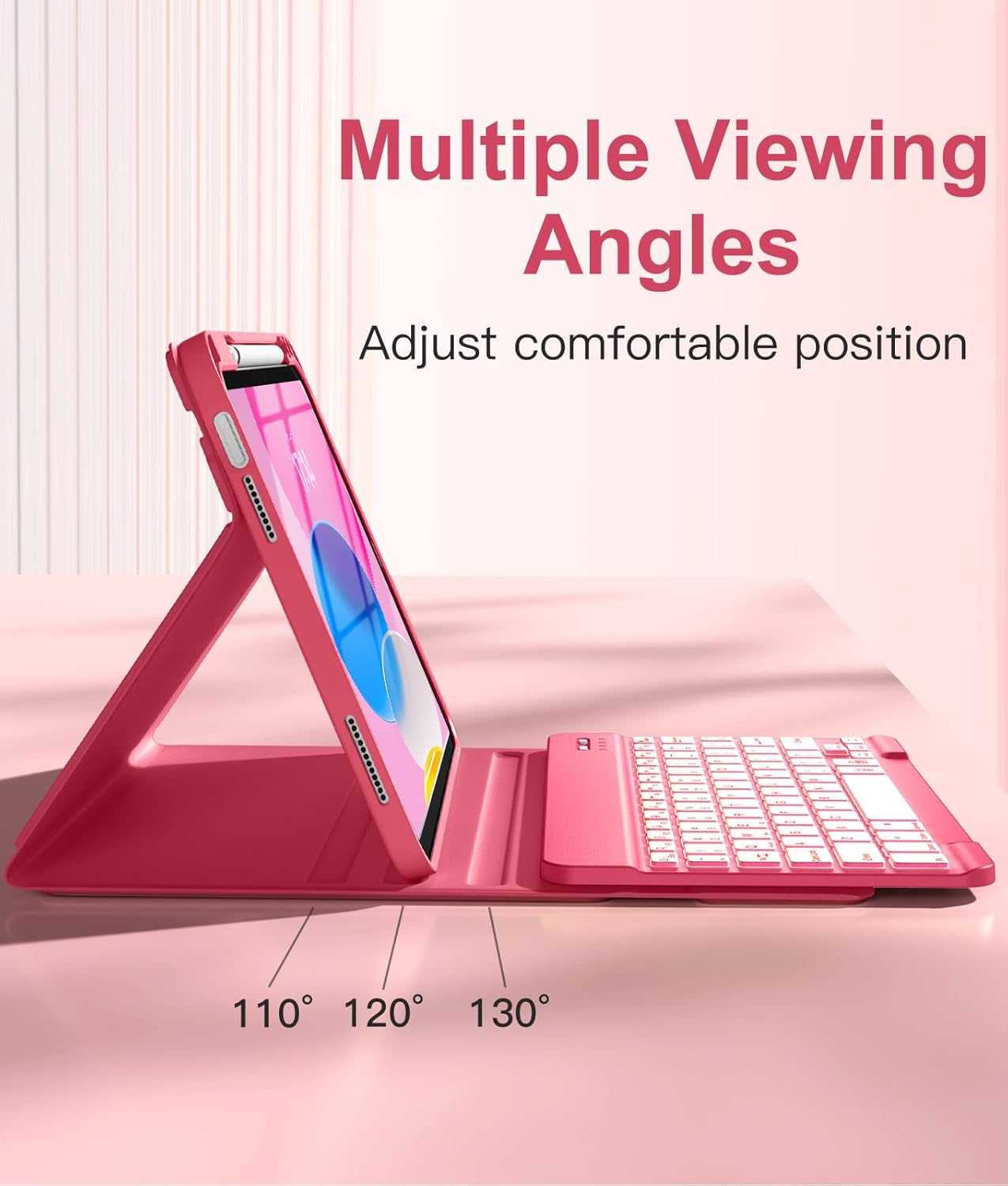 Hamile Keyboard Case for iPad 10th Generation 10.9 Inch - 7 Colors Backlit Wireless Detachable Folio Keyboard Cover with Pencil Holder for iPad 10th Gen 2022 (Pink) - Image 5