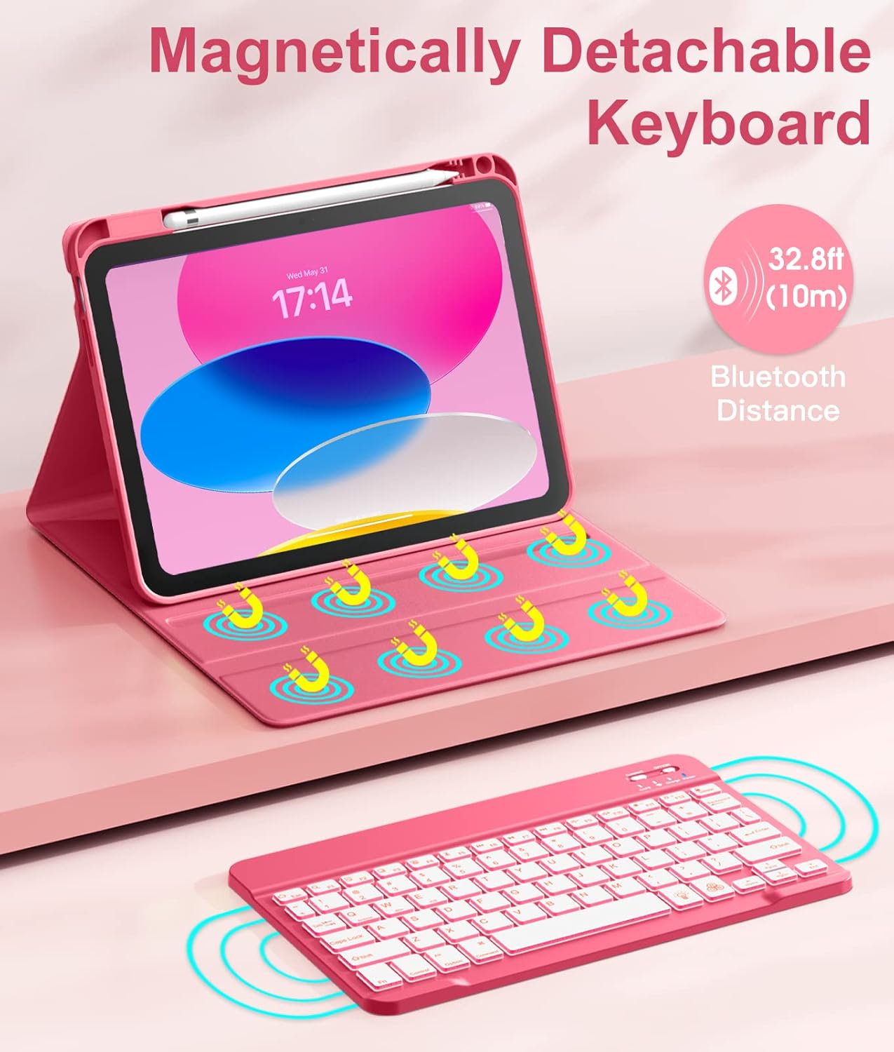 Hamile Keyboard Case for iPad 10th Generation 10.9 Inch - 7 Colors Backlit Wireless Detachable Folio Keyboard Cover with Pencil Holder for iPad 10th Gen 2022 (Pink) - Image 4