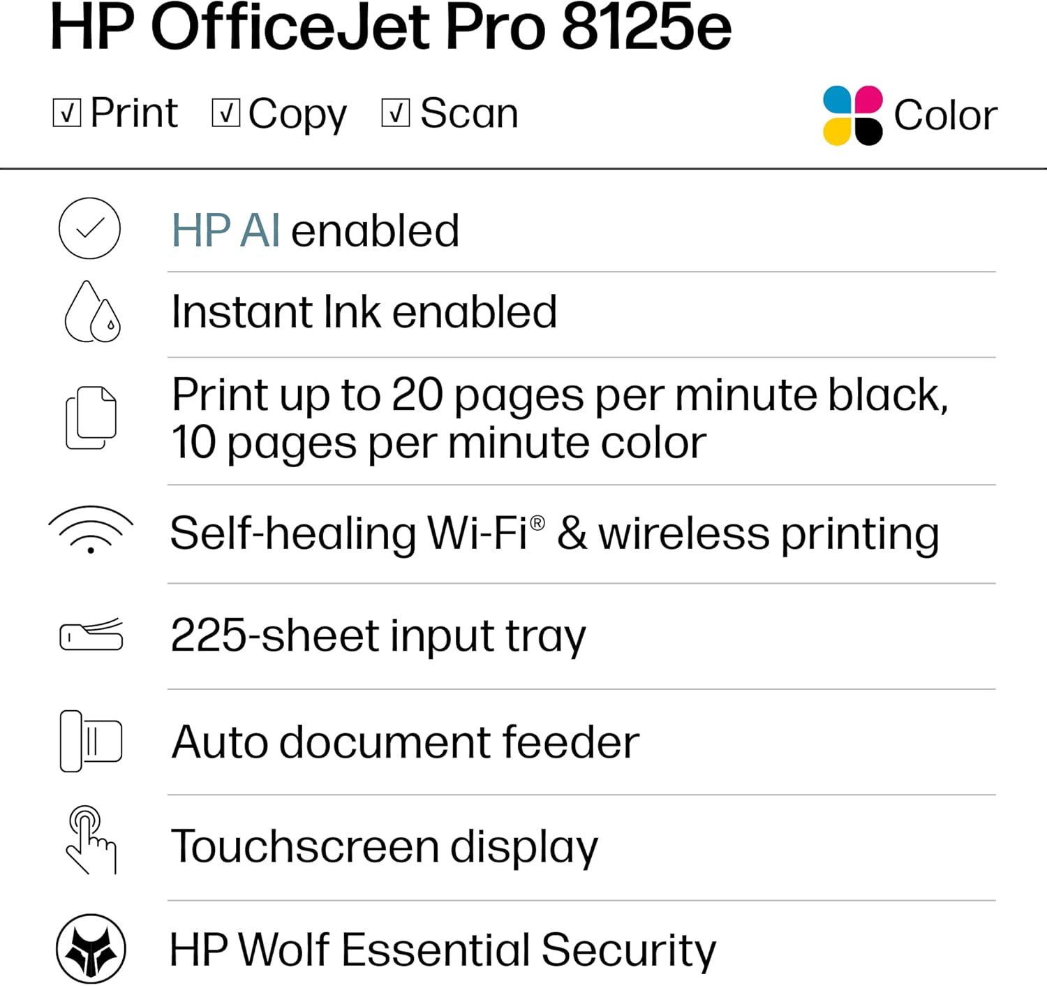 HP OfficeJet Pro 8125e Wireless All-in-One Color Printer, Instant Ink; Two-Sided Printing - Image 2