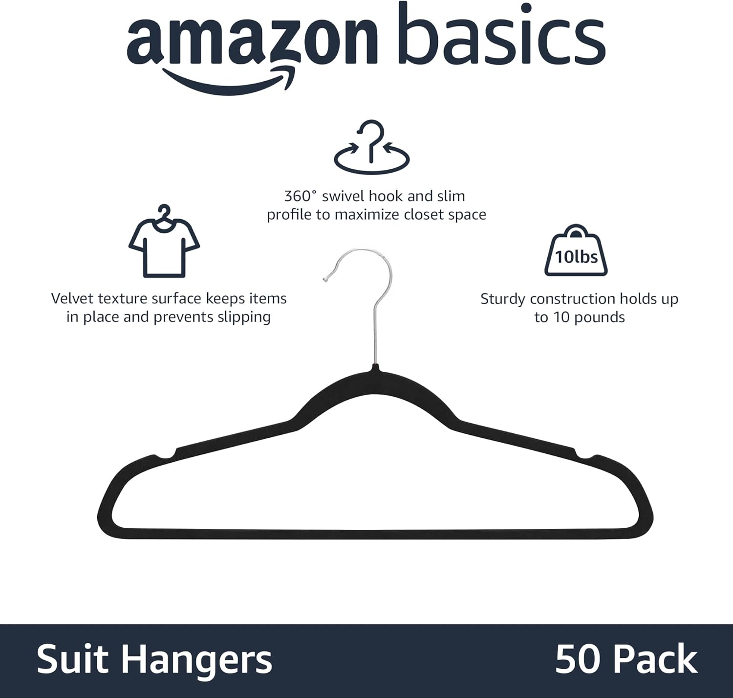 Amazon Basics Velvet Suit Hangers - 50-Pack, Black - Image 2