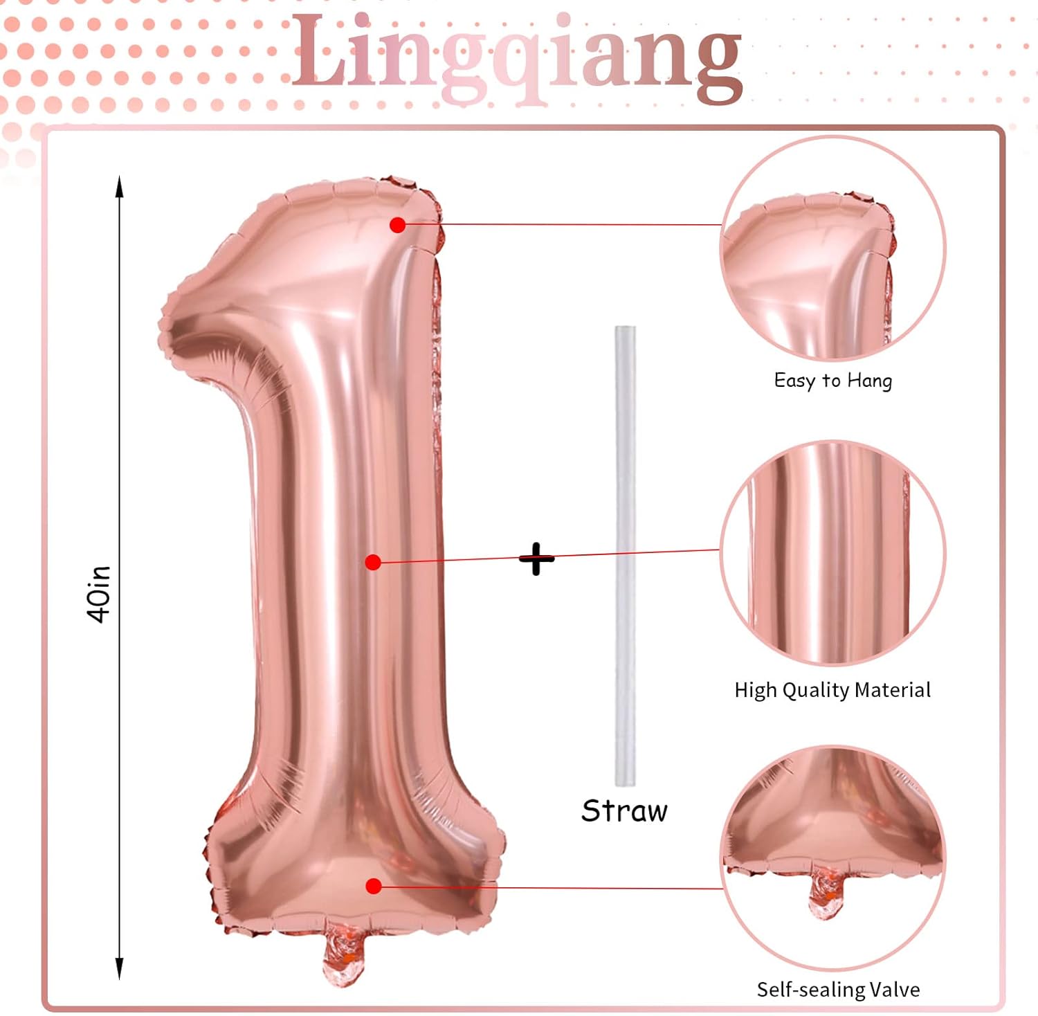 Rose Gold Foil Balloon Number 1, 101 cm XXL Number Balloon 1 for Children Numbers Balloon 1st Birthday Balloon 1 for Girls 1 Year Birthday Decoration Woman Anniversary Engagement Party Decoration, - Image 2