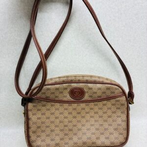 GUCCI GG Shoulder Bag Ziplock Leather PVC Brown Beige Gold Hardware From Japan