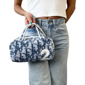Christian Dior Vintage Trotter Monogram Terry Cloth Mini Bag Blue White Cotton