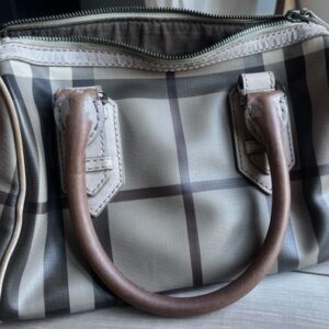 Burberry Women's Checkered Satchel Top Handle Bag Beige Brown Zip Closure