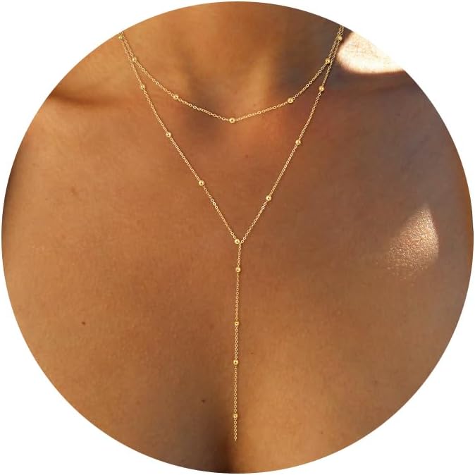 Foxgirl Lariat Gold Necklace for Women, Dainty Layered Long Necklaces 14k Gold Plated Y-Shaped Beaded Chain Necklace Trendy Y Choker Drop Necklaces Simple Gold Jewelry For Women Teen Girls Gift