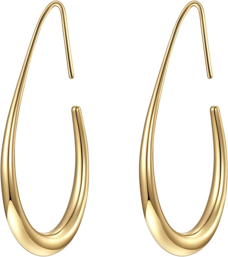 Lightweight Teardrop Hoop Earrings for Women – 14k Gold/White Gold Plated Large Oval Pull Through Hoop Earrings High Polished Statement Jewelry Gift for Women Teen Girls