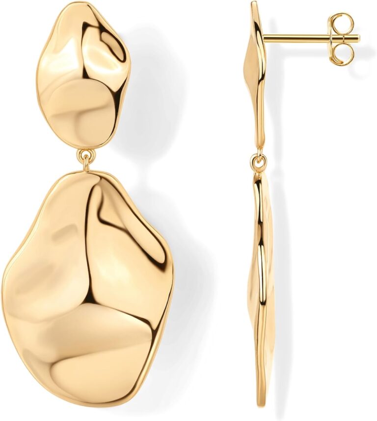 PAVOI 14K Gold Plated 925 Sterling Silver Posts Teardrop Statement Dangle Earrings | Lightweight Hammered Drop Dangle Earrings for Women, Yellow Gold, No Gemstone