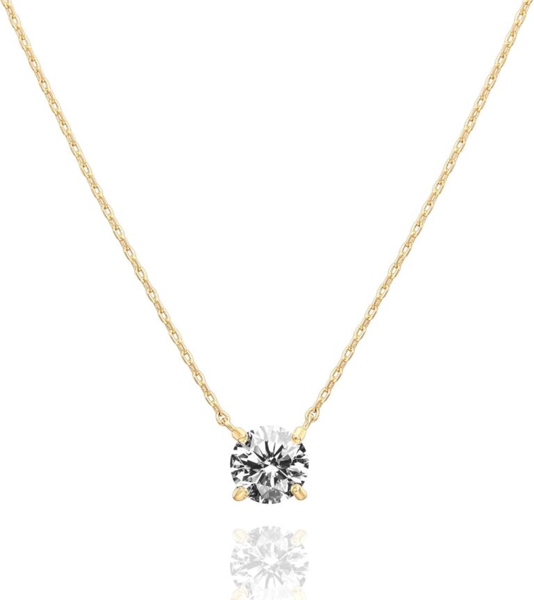 PAVOI 14K Gold Plated CZ Solitaire Pendant Necklace for Women – 1.5 Carat (7.3mm) Dainty Gold Necklace – Elegant Wedding Jewelry or Everyday Accessory – Trending Fashion Jewelry
