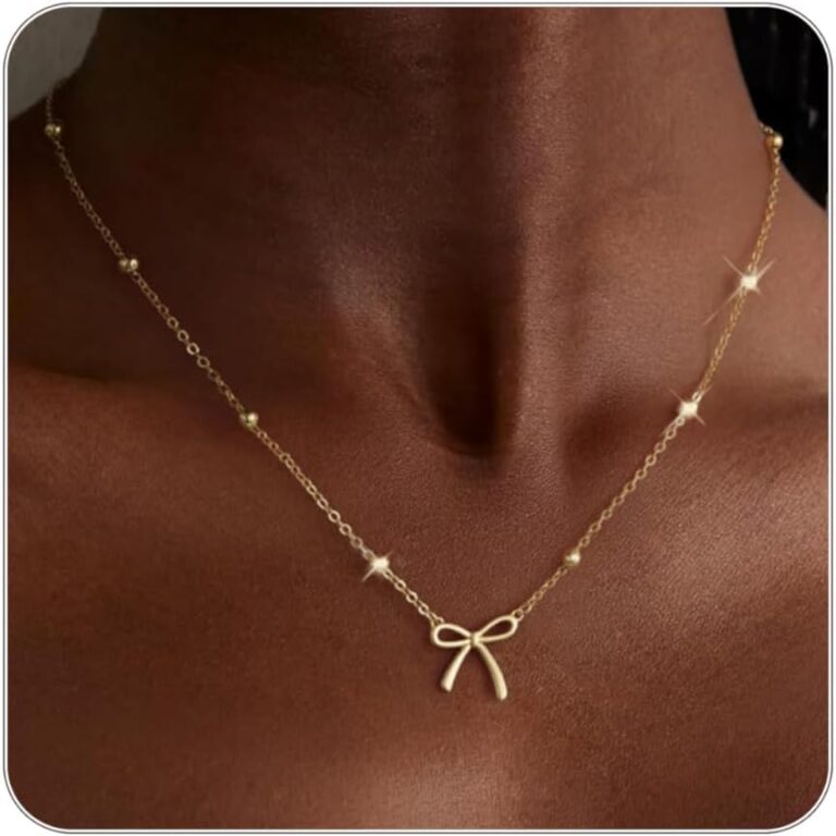 Gold Necklace for Women Dainty Bow Necklace 14K Gold Plated Cute Choker Necklace Small Bow Pendant Charm Necklaces Teen Gift Trendy Stuff Personalized Jewelry Gifts