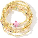 14K Gold Pearl Beaded Cross Bracelets Stack Set for Women,Stretch Boho Colorful Christian Beads Ball Jewelry Trendy Gift