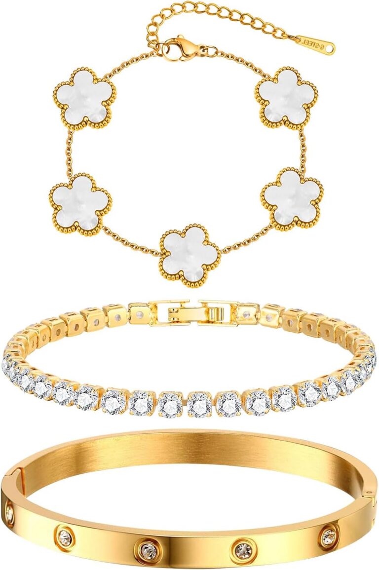 Womens Stackable Floral Gold Bracelets – 3Pcs 18K Gold Plated Bracelet,Stainless Steel Bangle Bracelets Non Tarnish, Gold Bracelet Set Trendy Jewelry,Christmas Valentines Birthday Gifts for Girlfriend