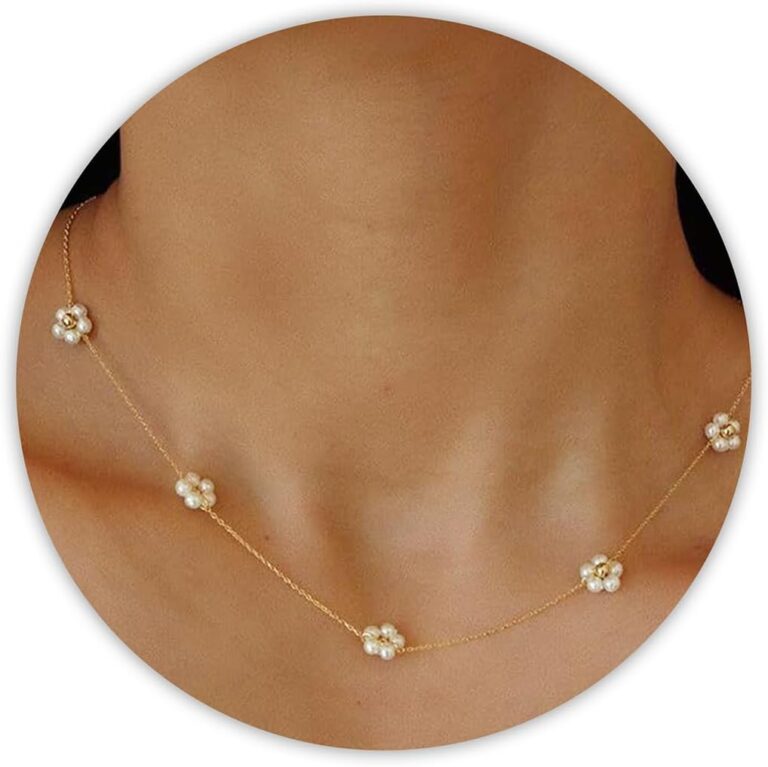 SmileBelle Pearl Necklaces, Daisy Pearls Choker for Women’s Pearl Flower Necklace in Silver and Gold Choker for Teens, Silver Daisy Birthday Gifts 3 Pearls White Necklace as Prom Bridesmaid Gifts