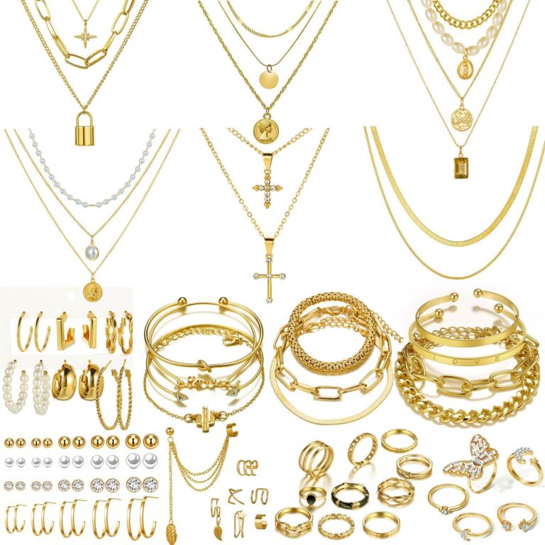 65 Pcs Gold Jewelry Set with 6Pcs Layered Necklace, 11 Pcs anklet and 7Pcs Earring Ear Cuff,11Hoop Earrings ,15pcs Rings,15pcs stud earrings Jewerly set for Women Pack for Friendship Party Gift