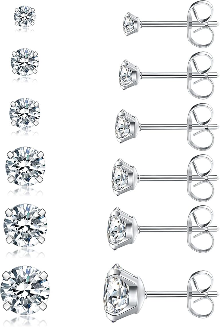 6 Pairs Stud Earrings Set, Hypoallergenic Cubic Zirconia 316L Earrings Stainless Steel CZ Earrings 3-8mm