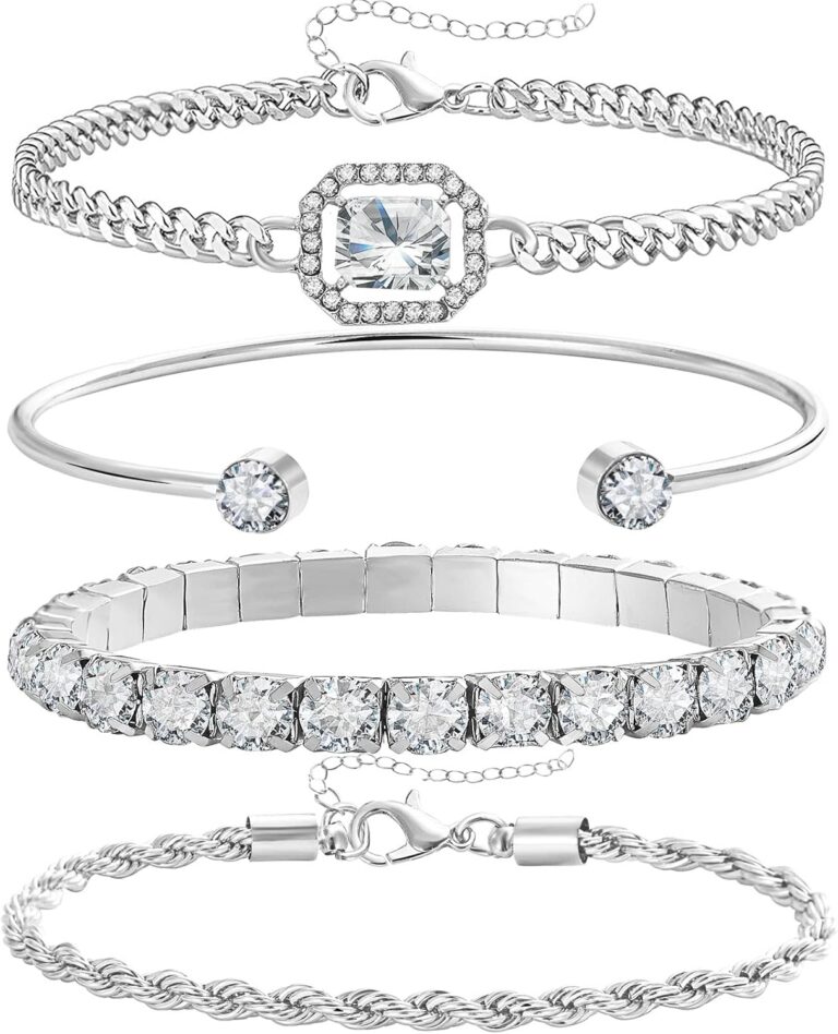 17IF Dainty Gold Silver Bracelets Set for Women Girls 14K Plated Link Cubic Zirconia Paperclip Stake Layering Chain Adjustable Trendy Hand Jewelry 4 Pcs