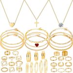 50 Pieces Gold Plated Jewelry Sets for Women Fashion Costume Jewelry 3 pcs Necklace 9 pcs Bracelet 22 pcs Rings 8 pairs Earrings Set for Women Valentine Anniversary Birthday Friendship