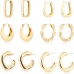 6 Pairs 14K Gold Hoop Earrings for Women Lightweight Chunky Hoop Earrings Multipack Hypoallergenic, Thick Open Twisted Huggie Hoops Earring Set Jewelry for Gifts.