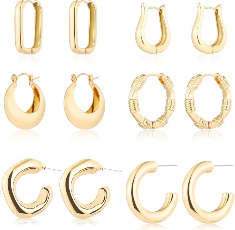 6 Pairs 14K Gold Hoop Earrings for Women Lightweight Chunky Hoop Earrings Multipack Hypoallergenic, Thick Open Twisted Huggie Hoops Earring Set Jewelry for Gifts.