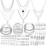 NEWITIN 69 Pieces Silver Jewelry Set for Women Fashion Costume Jewelry Silver Plated Necklace Bracelet Silver Earrings Set for Women Girls, Metal, Cubic Zirconia