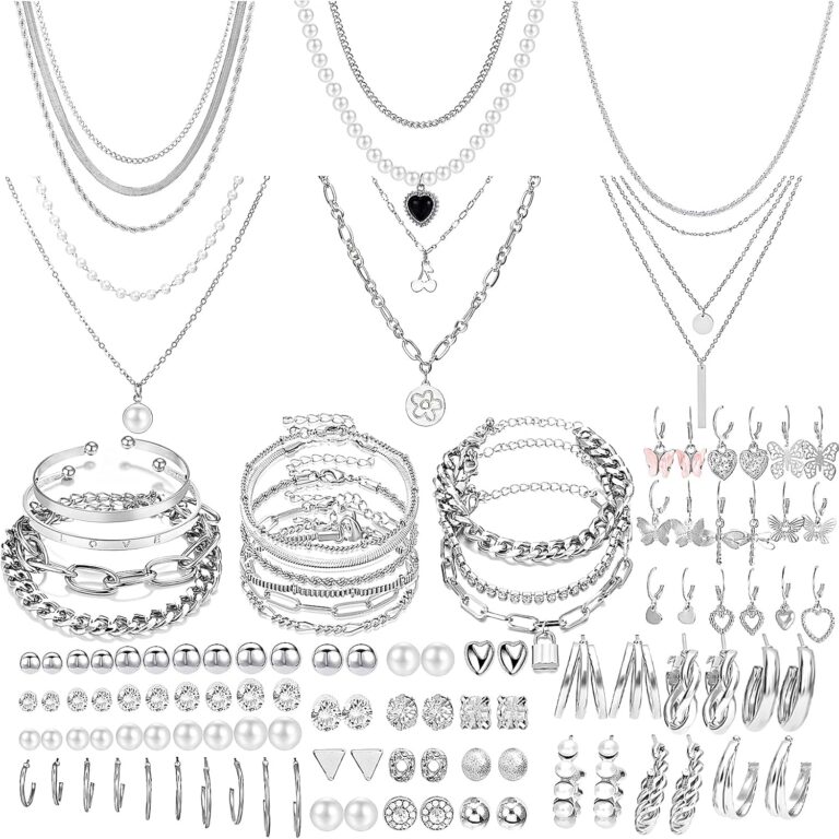NEWITIN 69 Pieces Silver Jewelry Set for Women Fashion Costume Jewelry Silver Plated Necklace Bracelet Silver Earrings Set for Women Girls, Metal, Cubic Zirconia