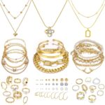 IFKM 36 PCS Gold Plated Jewelry Set with 4 PCS Necklace, 11 PCS Bracelet, 7 PCS Ear Cuffs Earring, 14 Pcs Knuckle Rings for Women Girls Valentine Anniversary Birthday Friendship Gift, Adjustable