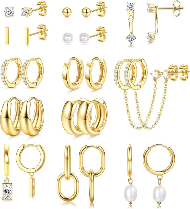 BESTEEL 13 Pairs Small Gold Hoop Earrings Set for Women 14K Gold Plated Lightweight Huggie Hoops Earrings Pearl Dainty Stud Hoop Earrings Set