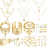 MEDOJO 93 Pcs Golden Jewelry Set for Women Costume Jewelry Pack Golden Plated Necklace Bracelet Stackable Ring Earrings Jewelry for Christmas New Year