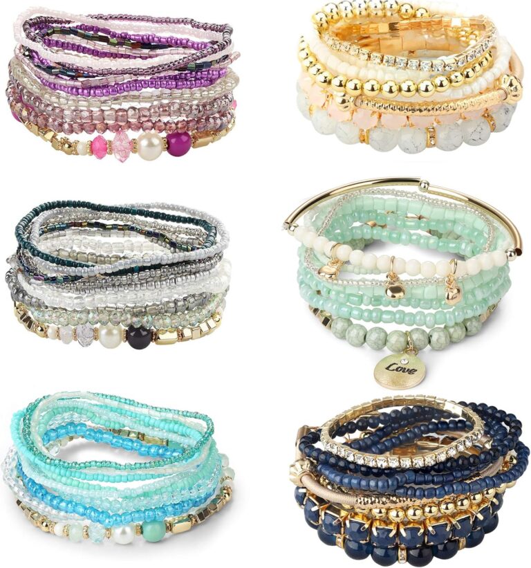 LOYALLOOK 6 Sets Bohemian Stackable Bead Bracelets for Women Stretch Bangles Bohemian Style Stretch Multilayered Bracelet Set