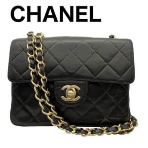CHANEL Mini Square Flap Chain Shoulder Crossbody Bag Black Lambskin Auth