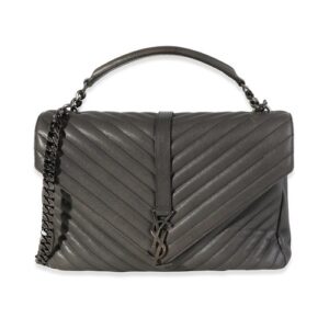 Saint Laurent Quilted Chevron Gray Shoulder Bag with Chain Strap & Top Handle