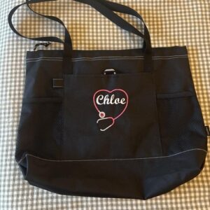 Gemline Black Medical Tote Bag Embroidered “Chloe” Name Zip Closure
