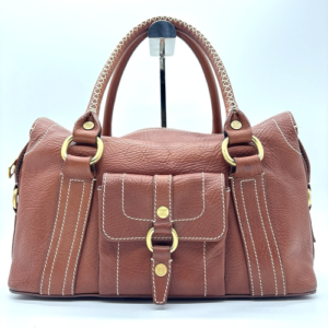 CELINE Boogie bag Hand Bag Leather Brown Gold Stitch Purse Vintage Authentic