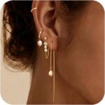 Moodear Dainty Pearl Drop Hoop Earrings for Women – Hypoallergenic 14K Gold Plated Small Dangle Chain Hoops Trendy Earring Sets for Multiple Piercing Jewelry Gift