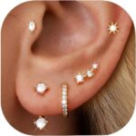 Gold Stud Earrings for Women, 14K Gold Hypoallergenic Cartilage Earrings for Multiple Piercing, Dainty Small Stackable Gold Hoop Earrings Set