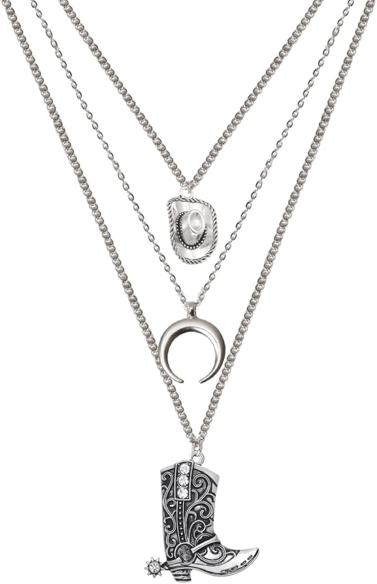 RechicGu Layered Boho Western Cowgirl Necklace For Women Bull Head Moon Crescent Cowboy Boot Charm Pendant Western Necklace Jewelry For Country Concert Outfits