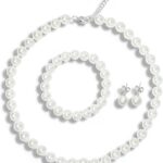 Classic 8mm White Faux Pearl Jewelry: Necklace, Bracelet & Earrings – 3-Piece Set for Women and Girls – Bridal Wedding Bridesmaid Prom Formal Gift