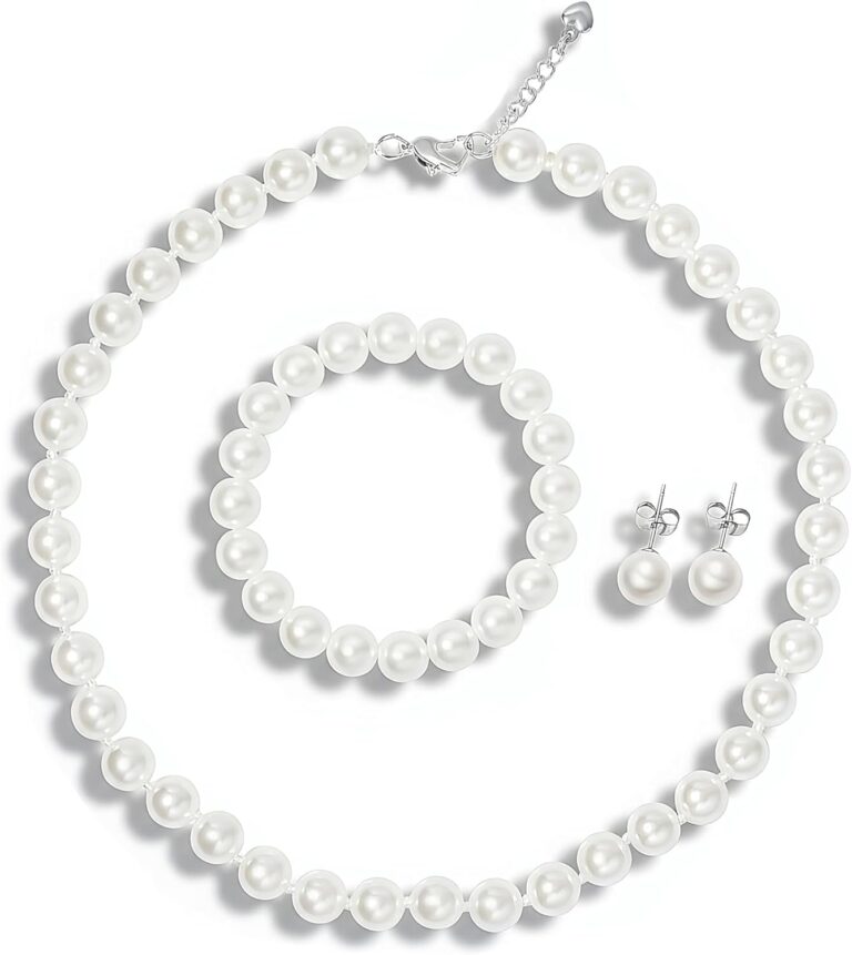 Classic 8mm White Faux Pearl Jewelry: Necklace, Bracelet & Earrings – 3-Piece Set for Women and Girls – Bridal Wedding Bridesmaid Prom Formal Gift
