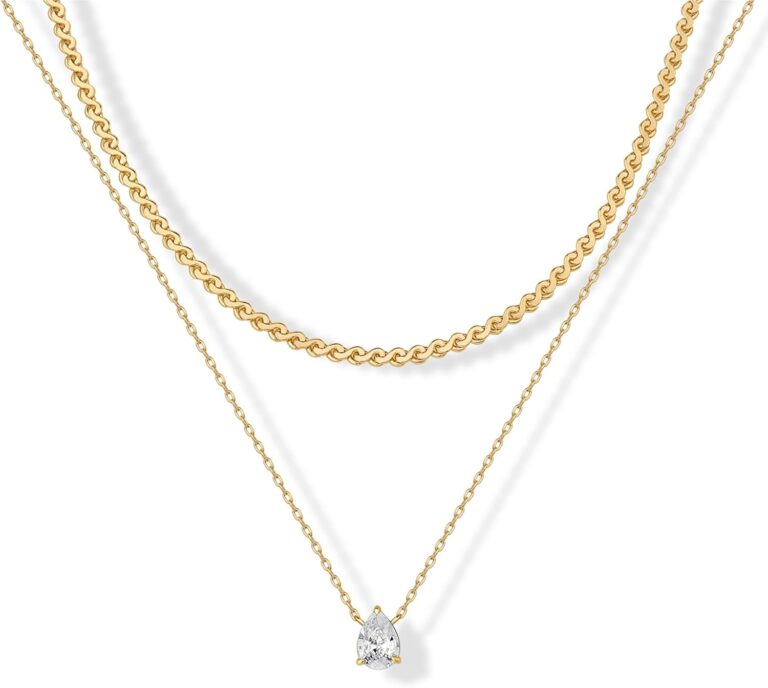 PAVOI 14K Gold Plated Twisted Singapore Chain Layering Choker with Round Solitaire and Serpentine Chain Layering Choker with Pear-Cut Stone Pendant Necklace Pack for Women | Cubic Zirconia Statement