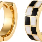 Sriomu Chic Checker Small Hoop Cartilage Earrings Teacher Earrings for Women；White Black Enamel Hypoallergenic Hooped Gifts Gold and Silver tone