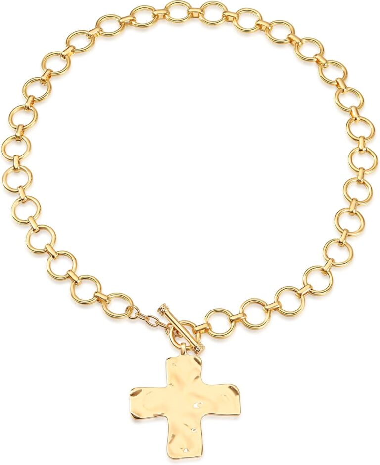MQV Chunky Statement Gold Hammered Bold Two Tone Cross Heart Star Necklace Thick Chain Vintage Layered Chain Beaded Choker Stacks Paperclip Summer Beach Jewelry