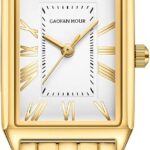 Gold Watches for Women with Vintage Rectangular Case,White Roman Dial,Stainless Steel Band,Adjustment Tool Included,Water Resistant
