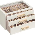SONGMICS 3-Layer Jewelry Box with Glass Window, Jewelry Storage Organizer with 3 Drawers, Golden Handles, for Rings, Earrings, Bracelets, Gift Idea, Cream White, 16 x 24 x 12.5 cm UJBC206WD01