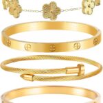 Gold Bracelets for Women- 4Pcs 18K Gold Plated Stackable Floral Clover Bracelets ,Stainless Steel Bangle Non Tarnish, Gold Bracelet Set Trendy Jewelry,Christmas Valentines Birthday Gifts-Pulseras Para