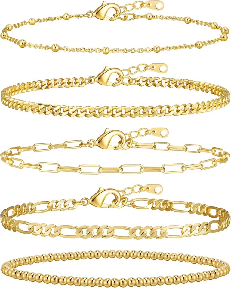 adoyi Gold Bracelets for Women, 14K Gold Plated Stackable Bracelet Stack Set Adjustable Charm Paperclip Chain Cuban Link Layered Waterproof Jewelry Sets Gifts for Womens
