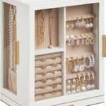 Glimmloop 360° Rotating Jewelry Box with 5 Drawers, Spacious Vertical Jewelry Organizer with Glass Window, Jewelry Storage Case, Dustproof & Moisture-resistant Design, White
