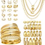 53 Pcs Gold Jewelry Set for Women Multi Layered Necklaces Bangles Bracelets Dainty Ear Studs Chunky Hoop Earrings Stackable Knuckle Rings Gold Plated Fashion Jewelry for Women