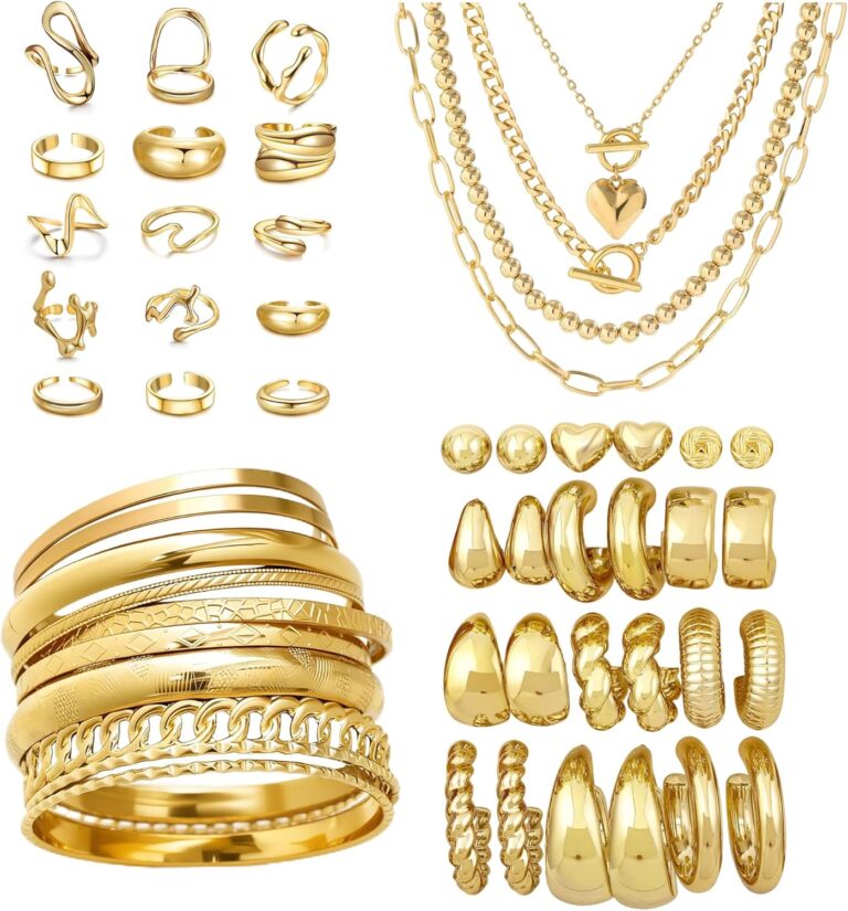 53 Pcs Gold Jewelry Set for Women Multi Layered Necklaces Bangles Bracelets Dainty Ear Studs Chunky Hoop Earrings Stackable Knuckle Rings Gold Plated Fashion Jewelry for Women