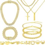 NEWITIN 15 Pieces Gold Jewelry Set for Men Stainless Steel Cuban Link Necklace Bracelet Cross Pendant Necklace Vintage Ring Cuban Jewelry Set for Men Women, Adjustable, Stainless Steel, Cubic Zirconia